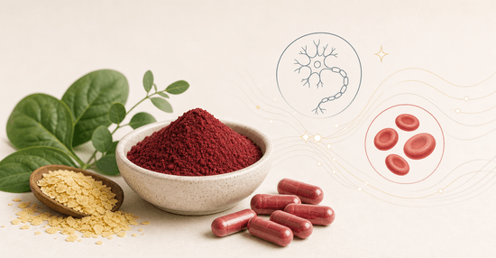 Vitamin B12 powder, capsules, nutritional yeast, and nerve support line art
