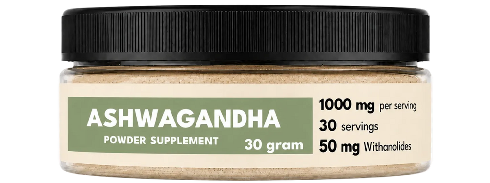 Jar of Ashwagandha powder supplement with black lid and green label on a white background