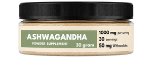 Jar of Ashwagandha powder supplement with black lid and green label on a white background