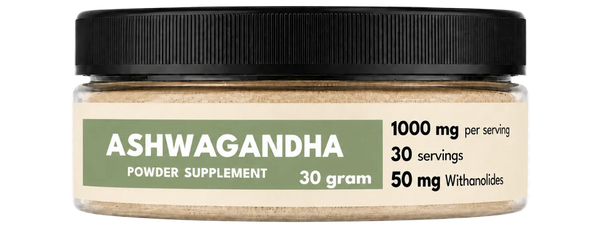 Jar of Ashwagandha powder supplement with black lid and green label on a white background