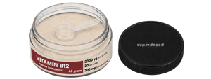 Vitamin B12 supplement container with 'superdosed' branding on a white background