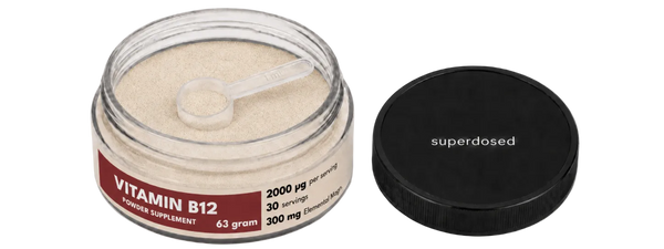 Vitamin B12 supplement container with 'superdosed' branding on a white background