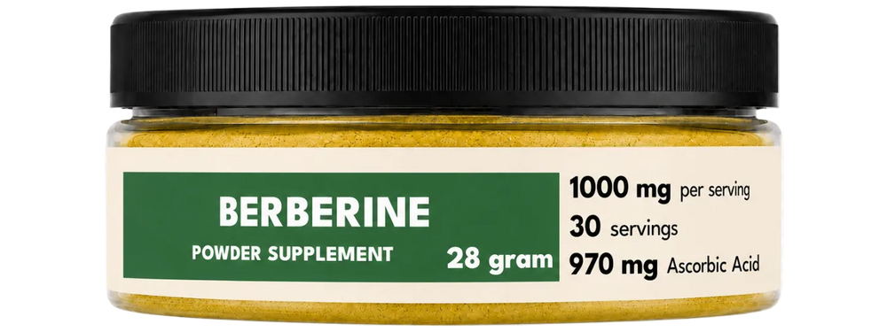 Jar of berberine powder supplement with label on a white background