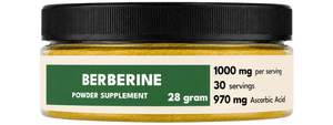 Jar of berberine powder supplement with label on a white background