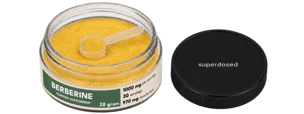 Jar of berberine powder supplement with label on a white background