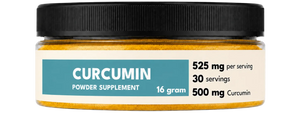 Jar of curcumin powder supplement with label on a white background