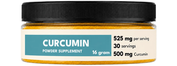 Jar of curcumin powder supplement with label on a white background