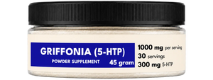 Powder supplement container labeled 'Griffonia (5-HTP)' on a white background
