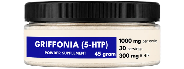 Powder supplement container labeled 'Griffonia (5-HTP)' on a white background
