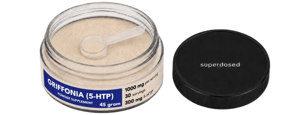 Powder supplement container labeled 'Griffonia (5-HTP)' on a white background