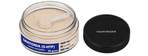 Supplement container labeled 'Griffonia 5-HTP' with 'superdosed' branding on a white background