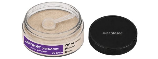 Supplement jar labeled 'Lungwort' with a black cap on a white background
