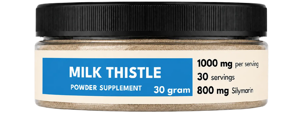 Jar of milk thistle powder supplement with label on a white background
