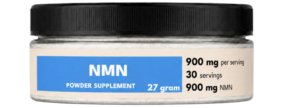 NMN powder supplement jar with label on a white background