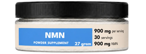 NMN powder supplement jar with label on a white background