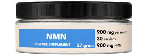 NMN powder supplement jar with label on a white background