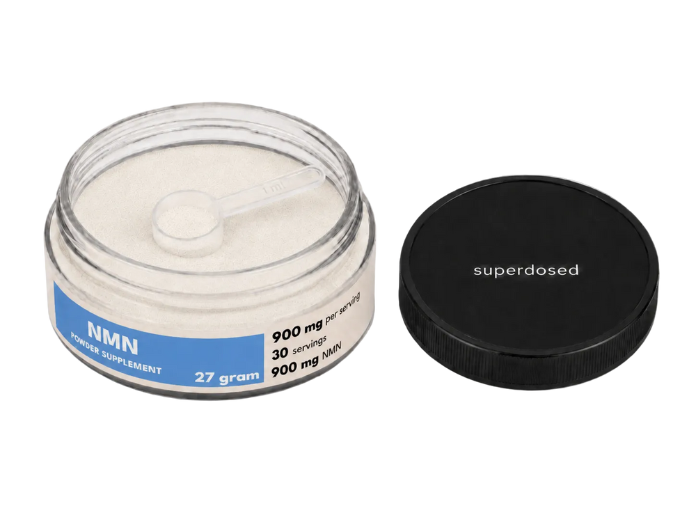 NMN powder supplement jar with label on a white background