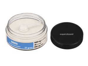 NMN powder supplement container with black lid on a white background