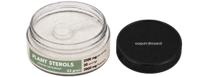 Jar of plant sterols with a black lid on a white background, featuring 'superdosed' branding.