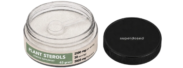 Jar of plant sterols with a black lid on a white background, featuring 'superdosed' branding.