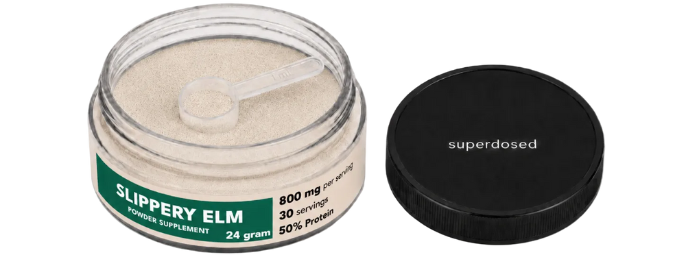 Jar of Slippery Elm powder supplement with label on a white background