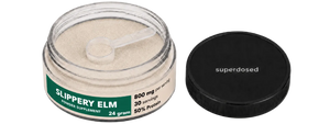 Jar of Slippery Elm supplement with 'superdosed' branding on a white background
