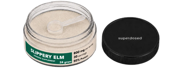 Jar of Slippery Elm supplement with 'superdosed' branding on a white background