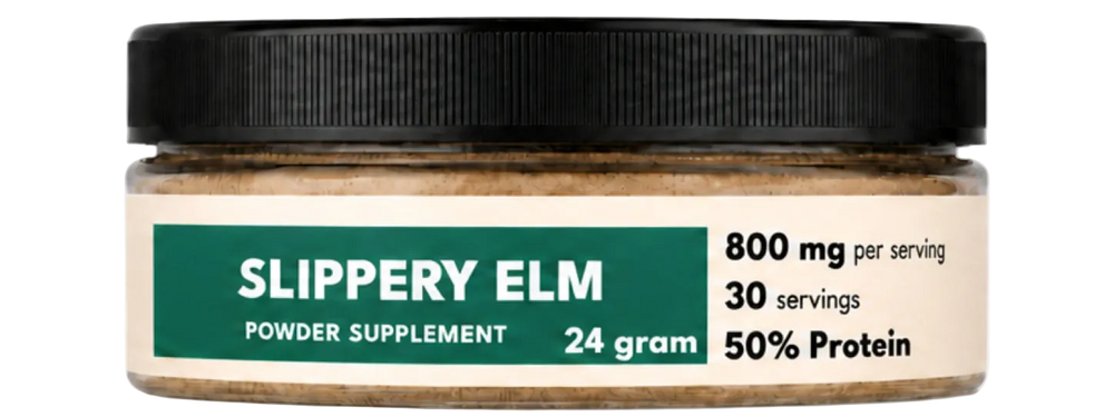 Jar of Slippery Elm powder supplement with label on a white background