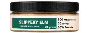 Jar of Slippery Elm powder supplement with label on a white background