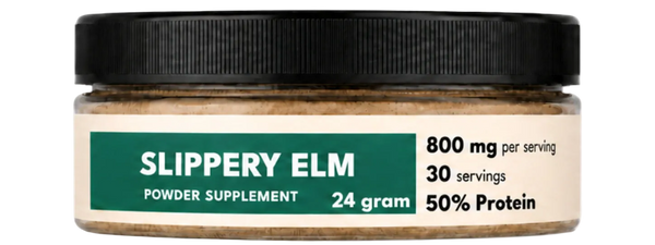 Jar of Slippery Elm powder supplement with label on a white background