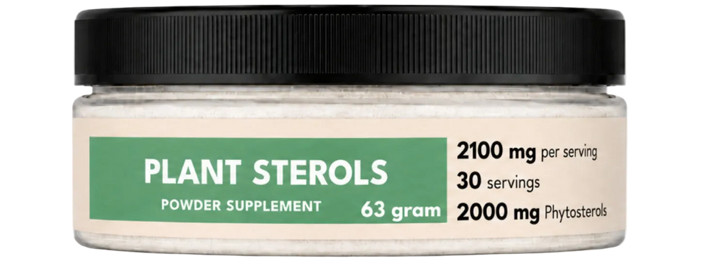 Jar of plant sterols powder supplement with label on a white background