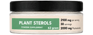 Jar of plant sterols powder supplement with label on a white background