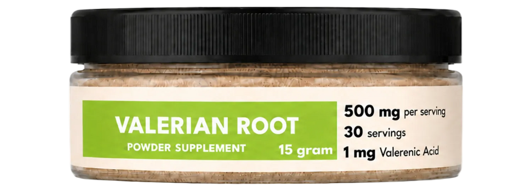 Jar of valerian root powder supplement with label on a white background