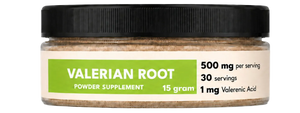 Jar of valerian root powder supplement with label on a white background