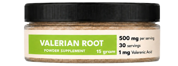 Jar of valerian root powder supplement with label on a white background
