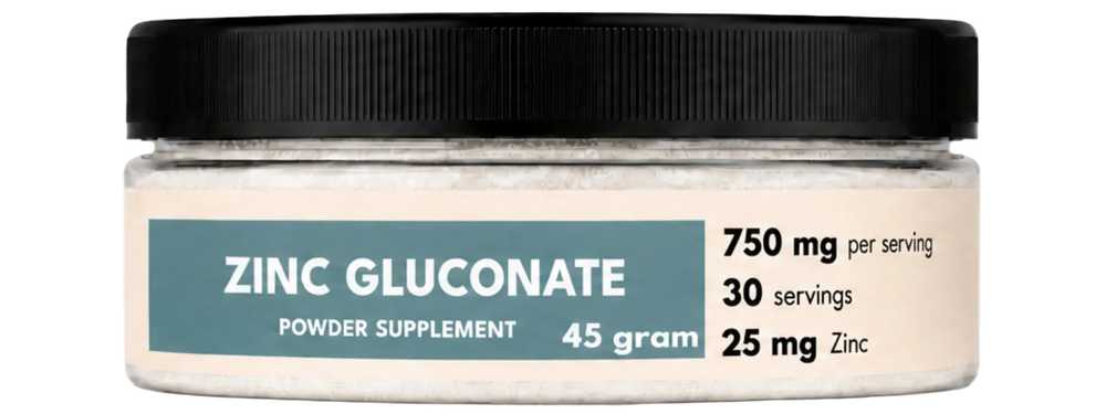 Jar of zinc gluconate powder supplement with label on a white background