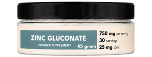 Jar of zinc gluconate powder supplement with label on a white background
