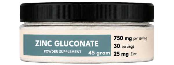 Jar of zinc gluconate powder supplement with label on a white background